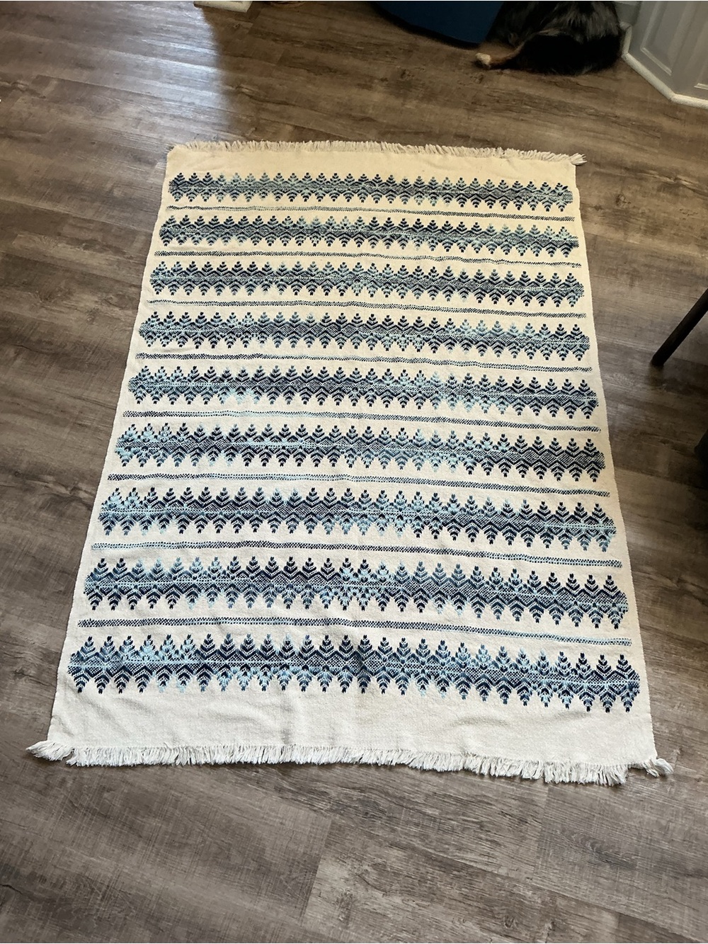Vintage Hand Crafted Swedish Monk Cloth Huck Weave Throw Blanket Cream Blue